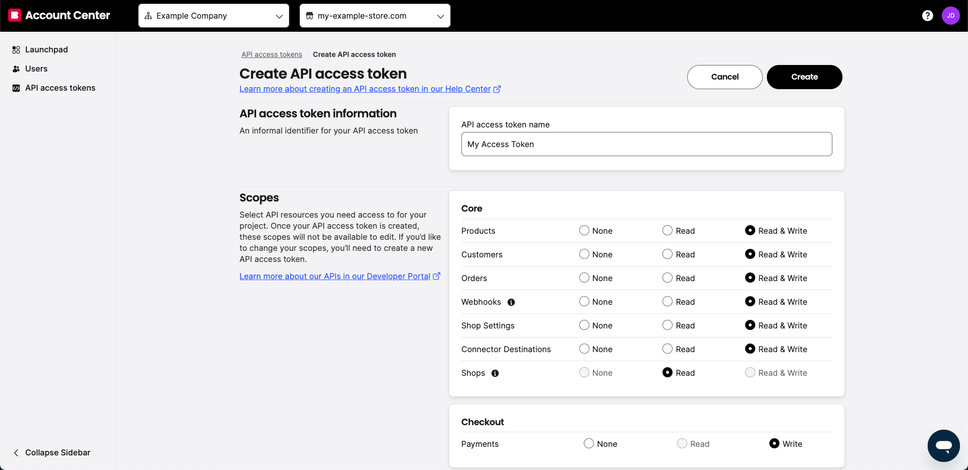 API Access Token Scope screenshot