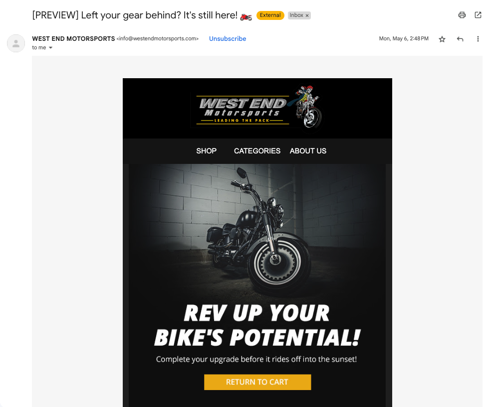 Screenshot of abandoned cart email