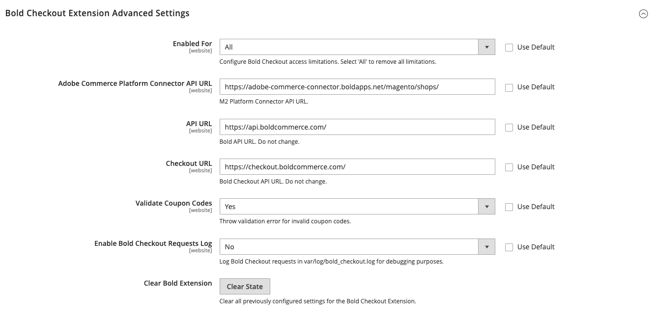 Bold Checkout extension settings in Adobe admin