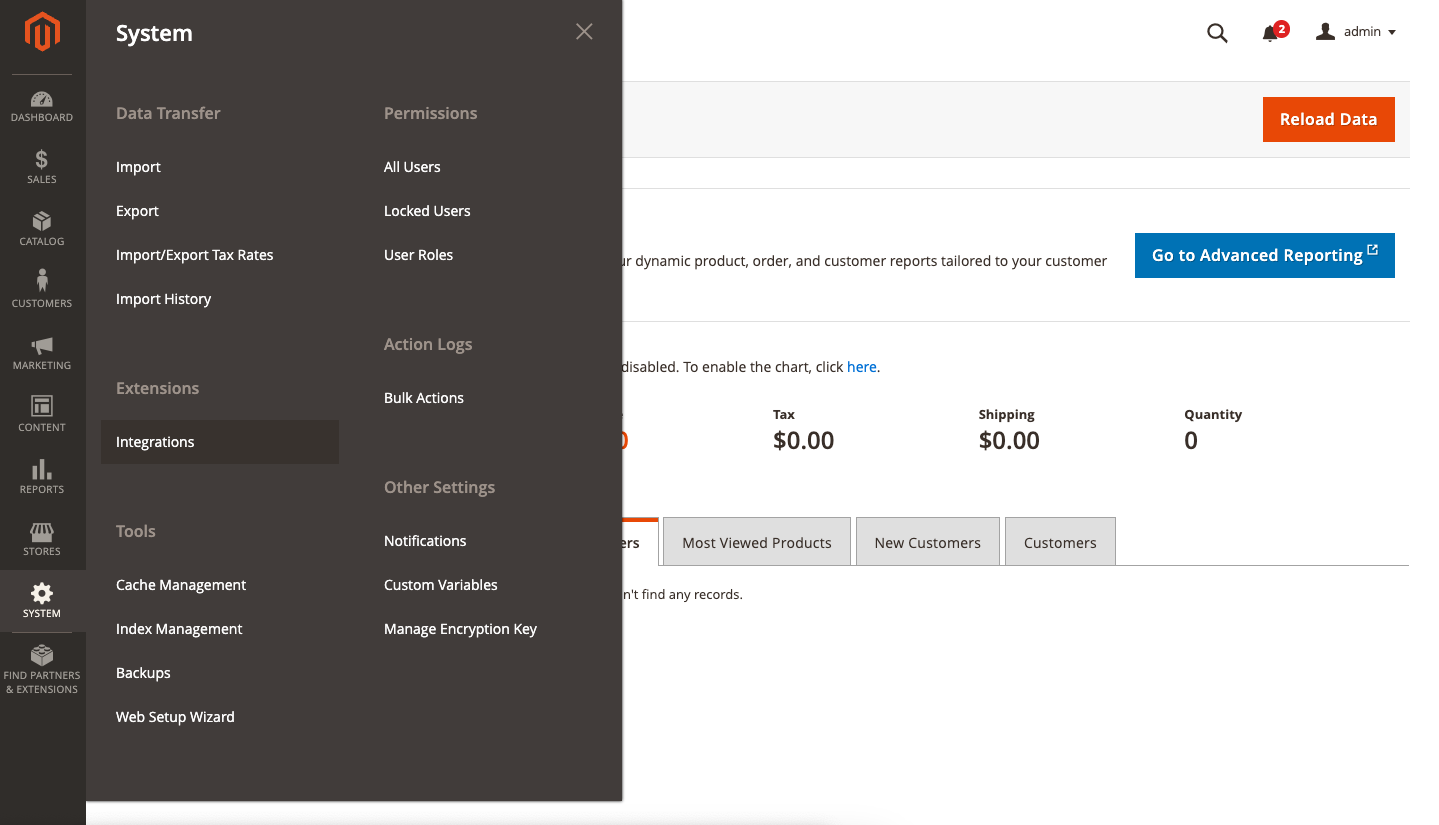 Screenshot of Adobe Commerce System menu, showing where to find the Integrations page