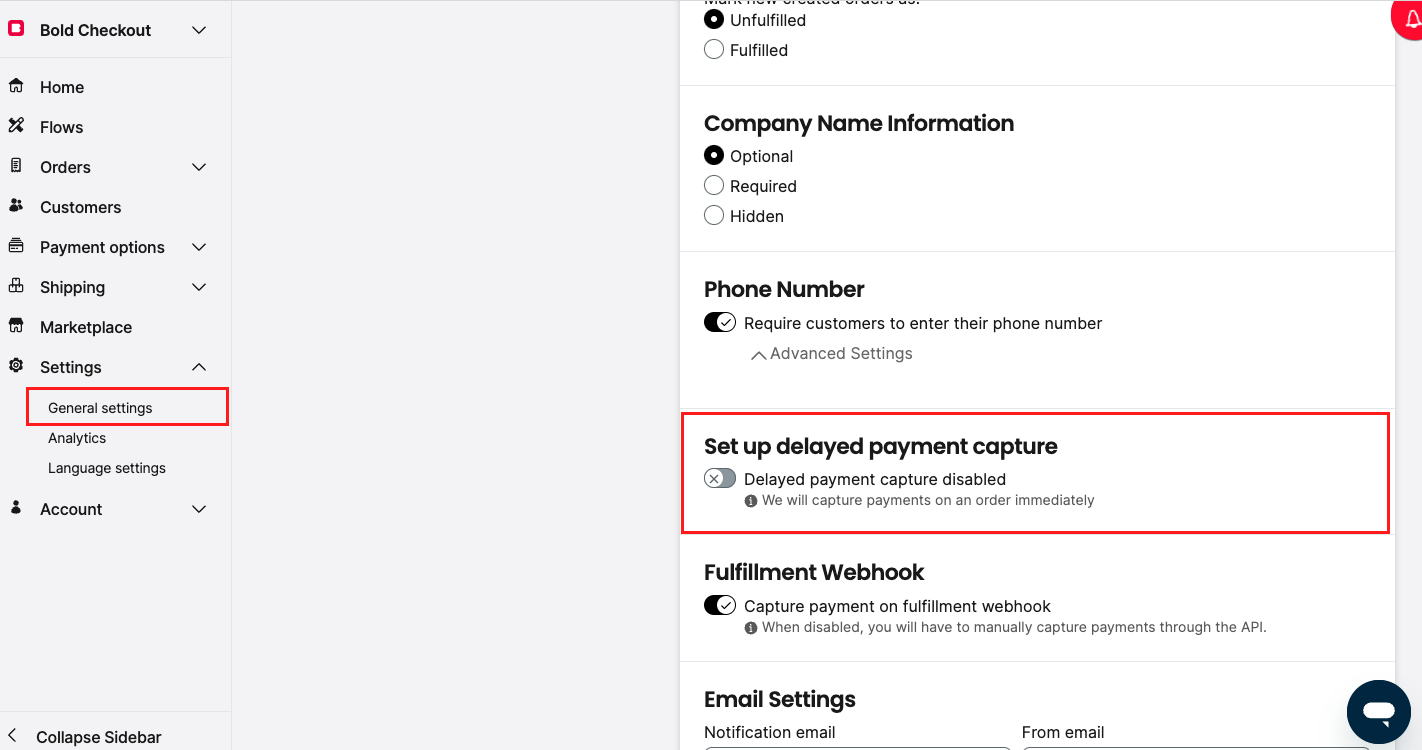 Screenshot of the delayed payment capture setting in the Bold Checkout Admin