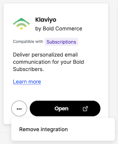 Screenshot of the Klaviyo marketplace integration card with the Remove Integration button.