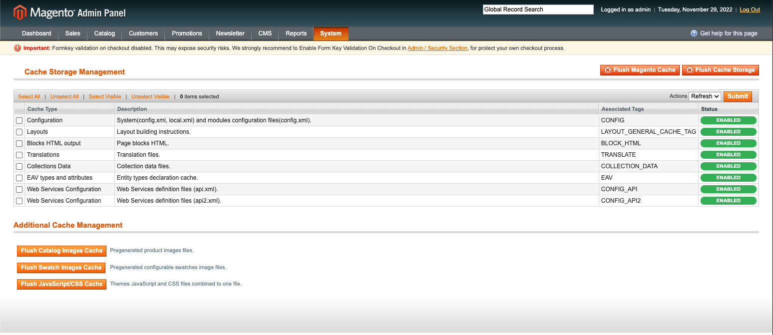 A screenshot of the Cache Storage Management page in the Magento Admin Panel