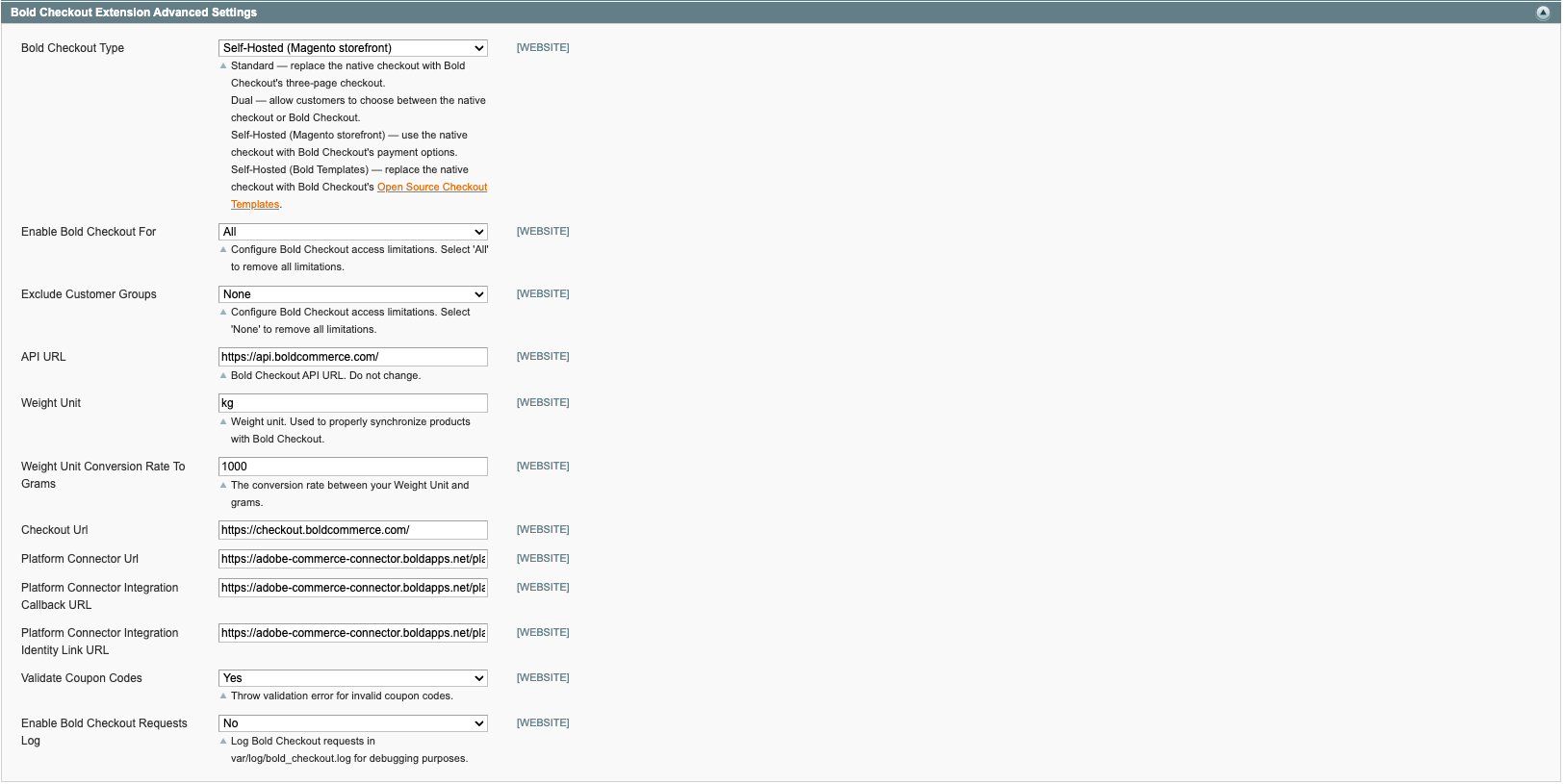 Screenshot of advanced checkout configuration drop-down in Magento Admin Panel