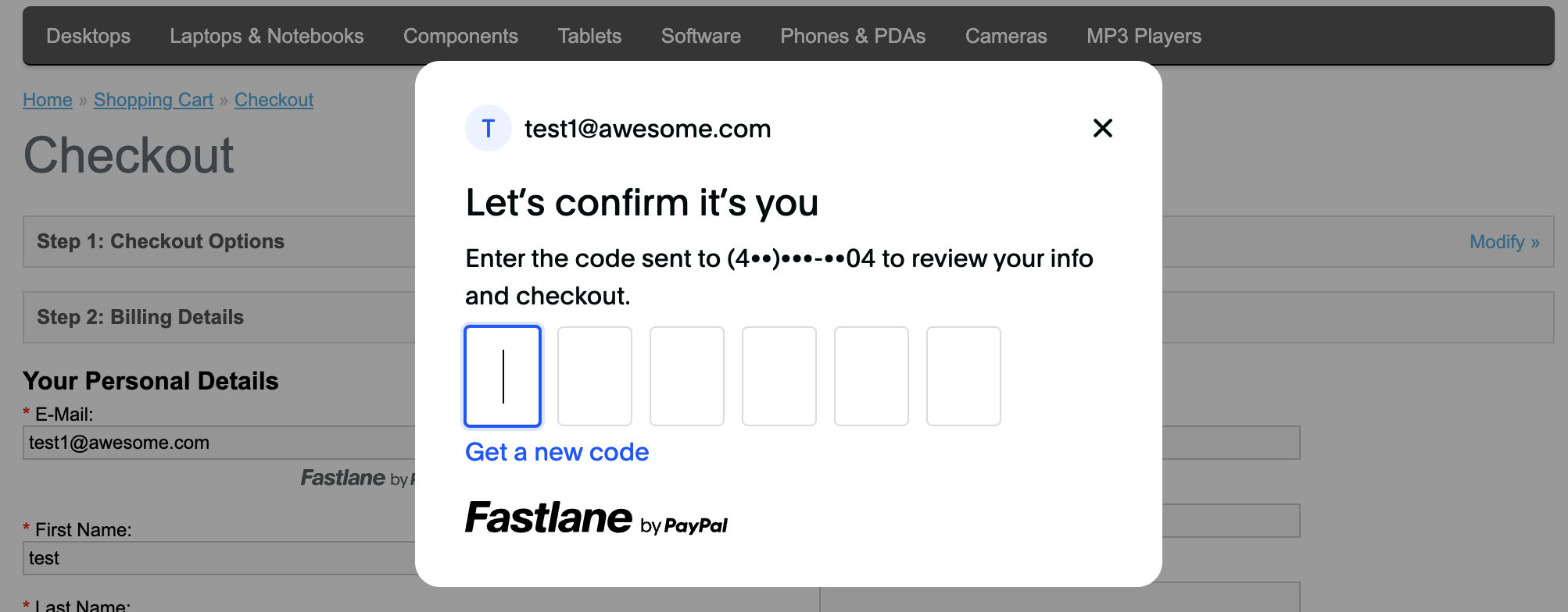 Screenshot of Fastlane on OpenCart one-time code