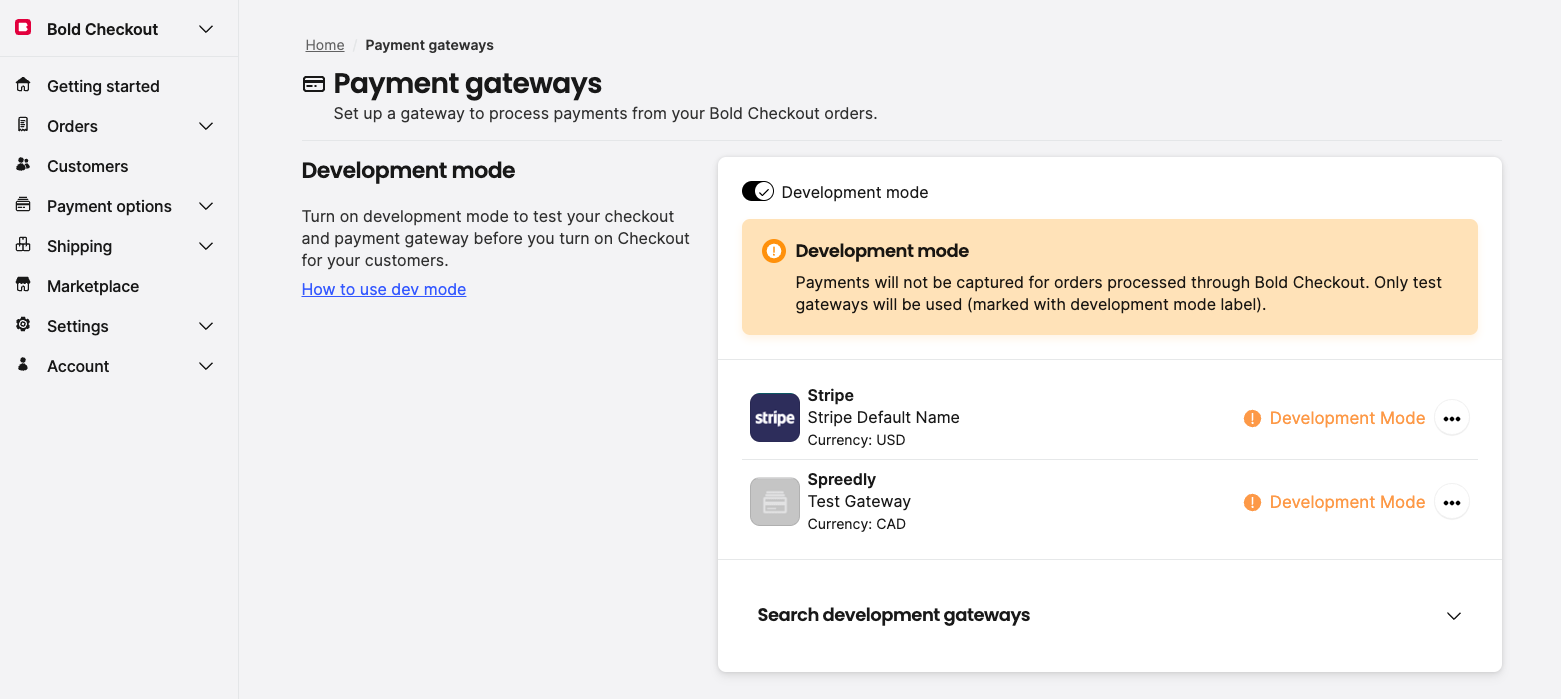 Screenshot of Payment gateways page