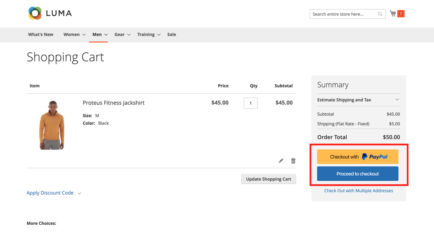Screenshot of an example store with a PayPal and built-in checkout buttons.