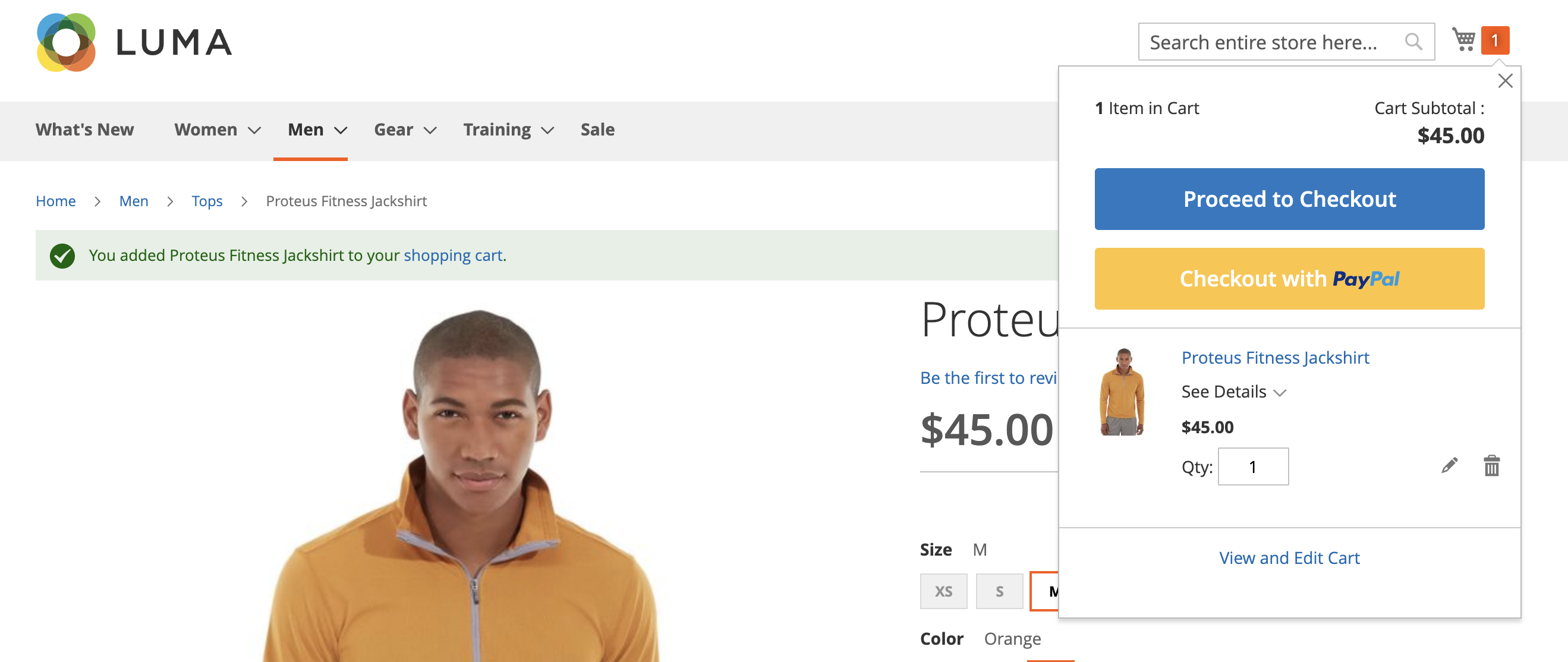 Screenshot of a cart preview in an Adobe Commerce Store. Both &quot;Proceed with Checkout&quot; and &quot;Checkout with PayPal&quot; are available.