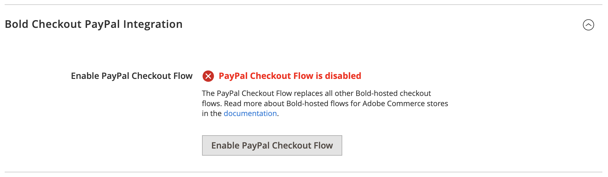 Screenshot of the expanded Bold Checkout PayPal Integration section in the Adobe Commerce Admin. The flow is disabled.