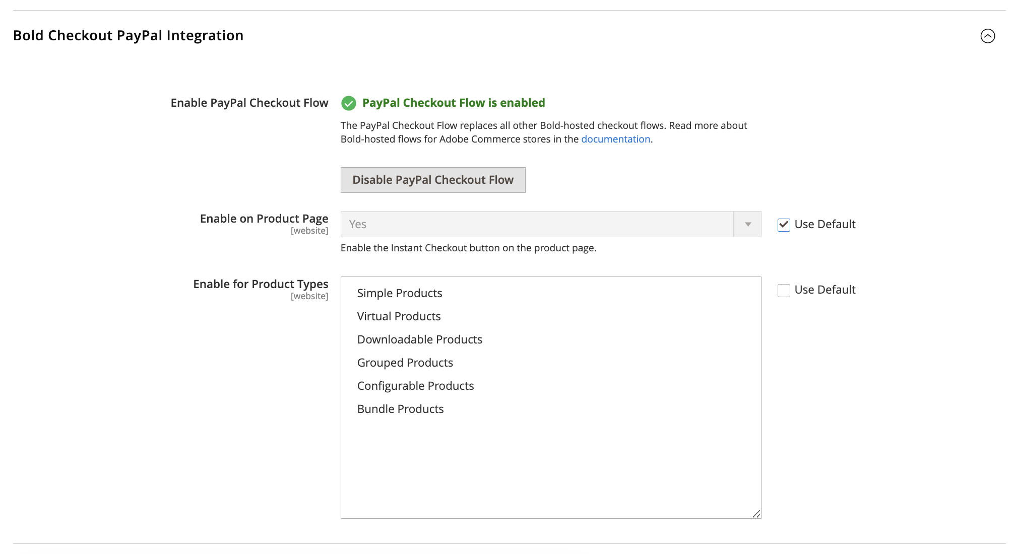 Screenshot of the expanded Bold Checkout PayPal Integration section in the Adobe Commerce Admin. The flow is enabled.