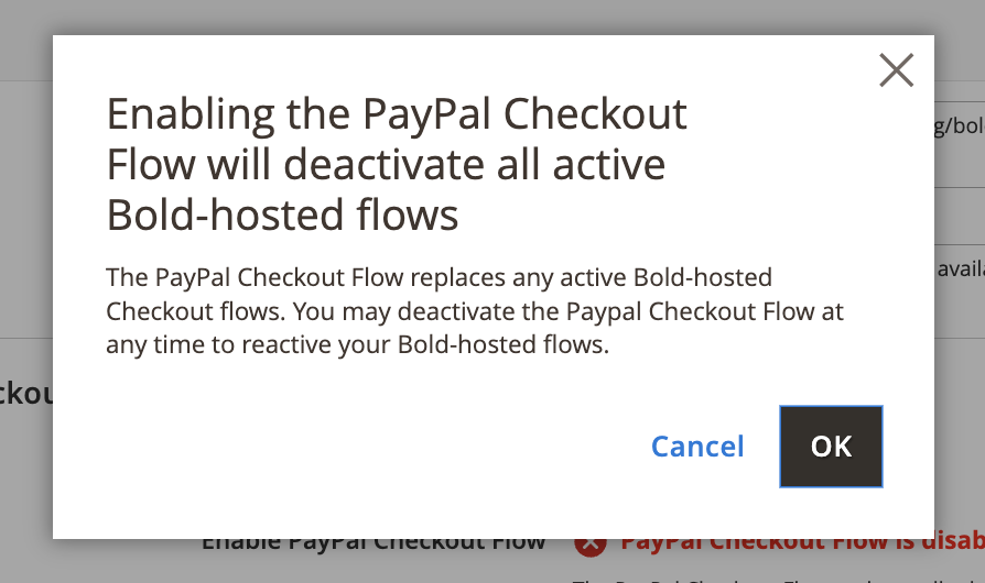 Screenshot of a popup in front of Bold Checkout PayPal Integration section. The popup asks for permission to continue.