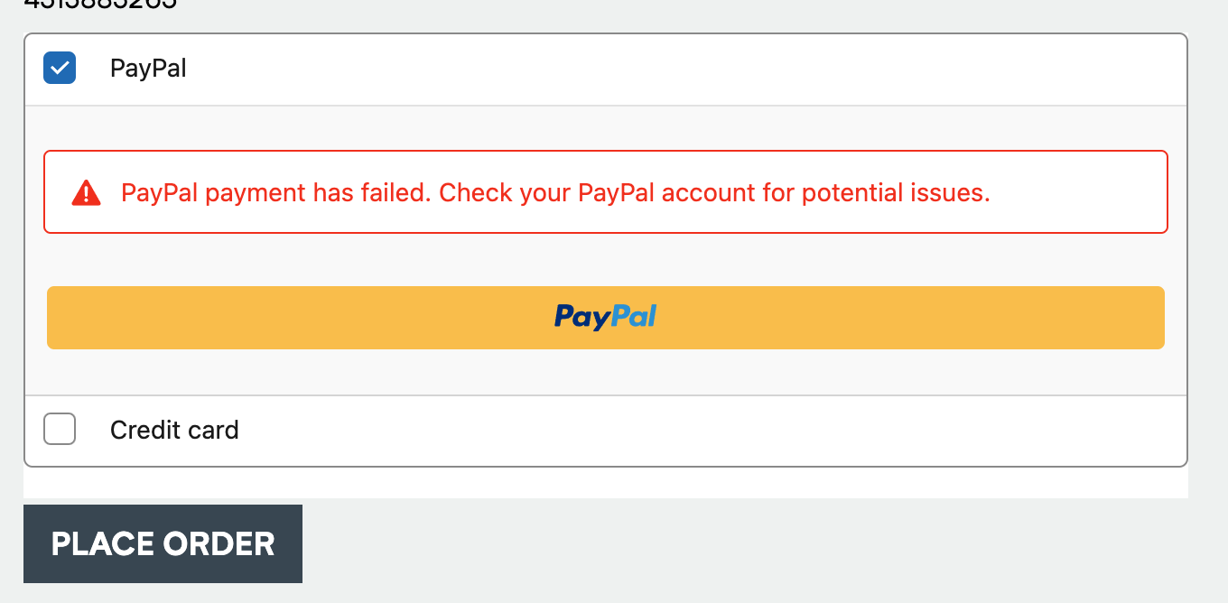 PayPal payment has failed screenshot